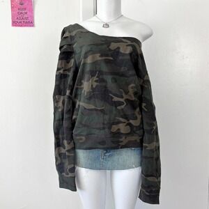 green brown camouflage one shoulder puff sleeve top